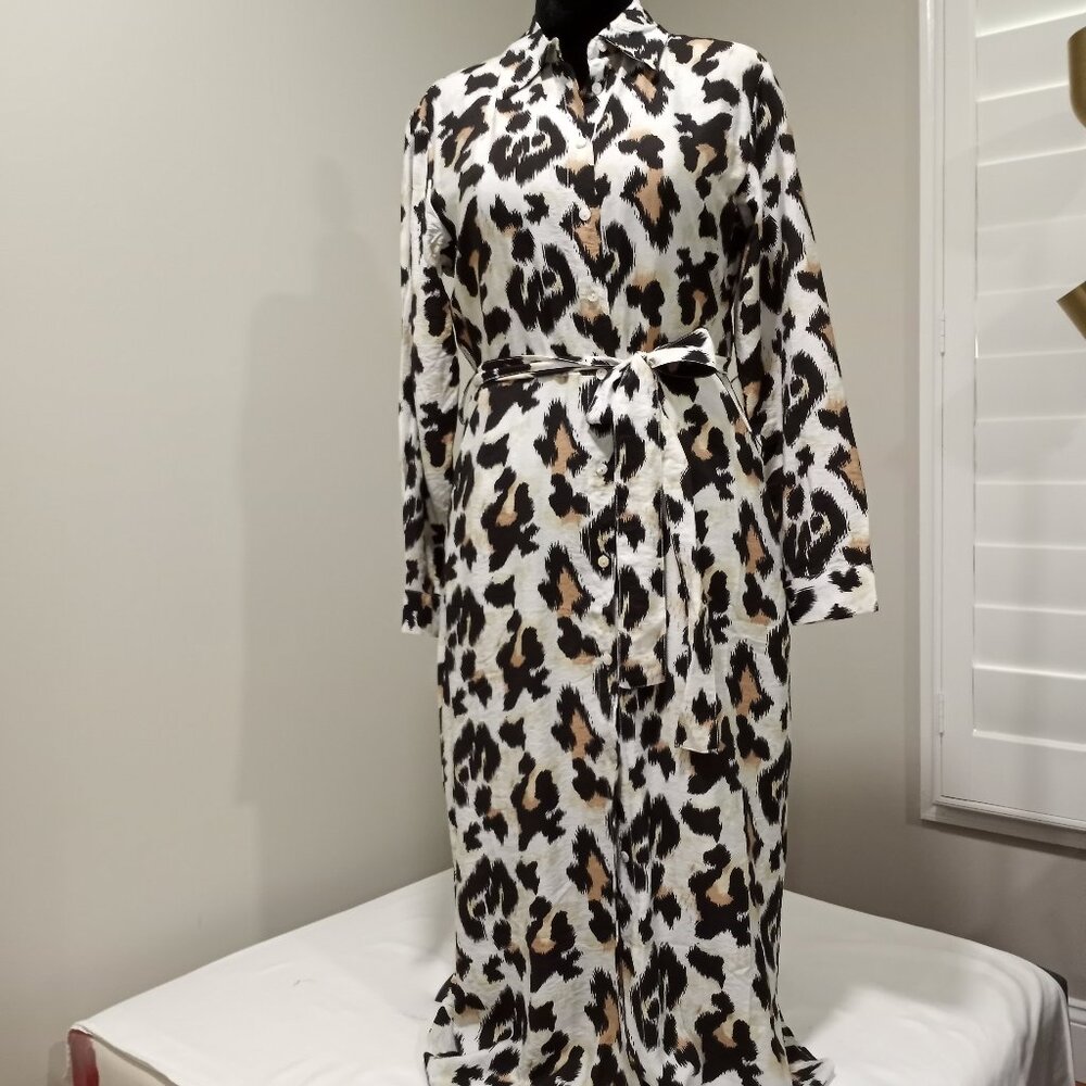 RESERVED ANIMAL PRINT MAXI LONG SLEEVE SHIRT DRESS WITH TIE BELT WOMEN SIZE M
